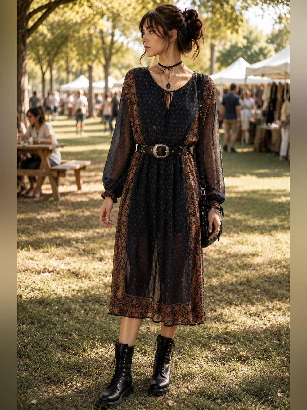 Lucky Brand Sheer Boho Midi Dress Black Brown Festival WhimsiGoth Romantic S - Picture 1 of 10